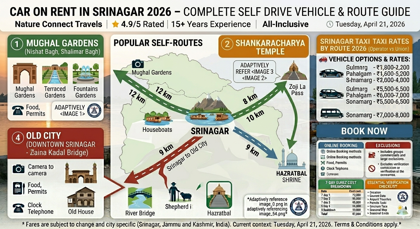 Car on rent in Srinagar 2026 comparison - hatchback ₹2,500-3,500, Hyundai i20 ₹3,500, sedan ₹4,000-5,500, SUV ₹5,500-8,000, popular self drive routes Gulmarg 52km, Pahalgam 96km, Sonamarg 85km, rental process steps, document checklist, self drive vs chauffeur comparison, vehicle inspection checklist

