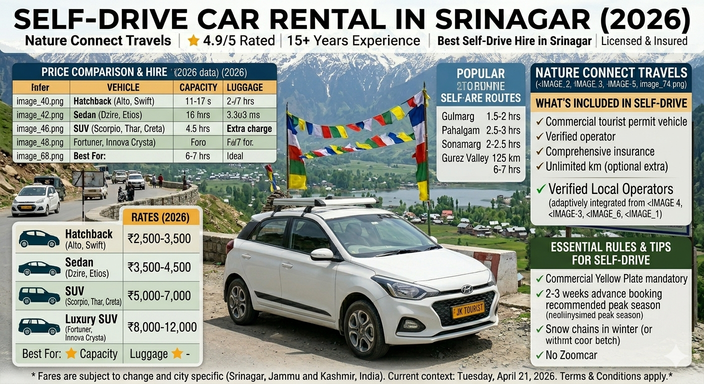 Car on rent in Srinagar 2026 - self drive price comparison chart for hatchback, sedan, and SUV