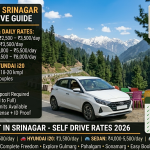Car on rent in Srinagar 2026 - white Hyundai i20 self drive car on scenic Kashmir mountain road, daily rates hatchback ₹2,500-3,500, i20 ₹3,500, sedan ₹4,000-5,500, SUV ₹5,500-8,000