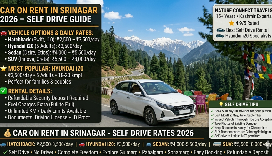 Car on rent in Srinagar 2026 - white Hyundai i20 self drive car on scenic Kashmir mountain road, daily rates hatchback ₹2,500-3,500, i20 ₹3,500, sedan ₹4,000-5,500, SUV ₹5,500-8,000