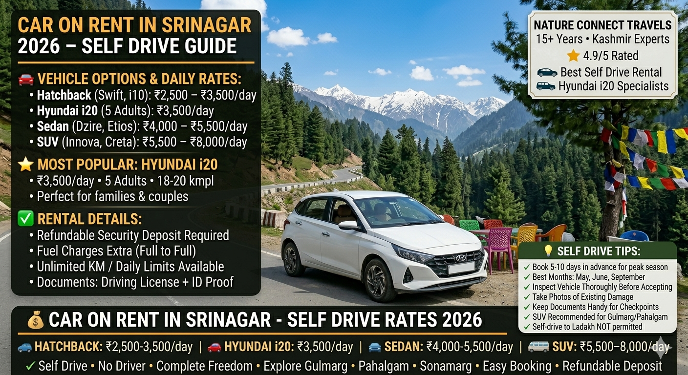 Car on rent in Srinagar 2026 - white Hyundai i20 self drive car on scenic Kashmir mountain road, daily rates hatchback ₹2,500-3,500, i20 ₹3,500, sedan ₹4,000-5,500, SUV ₹5,500-8,000