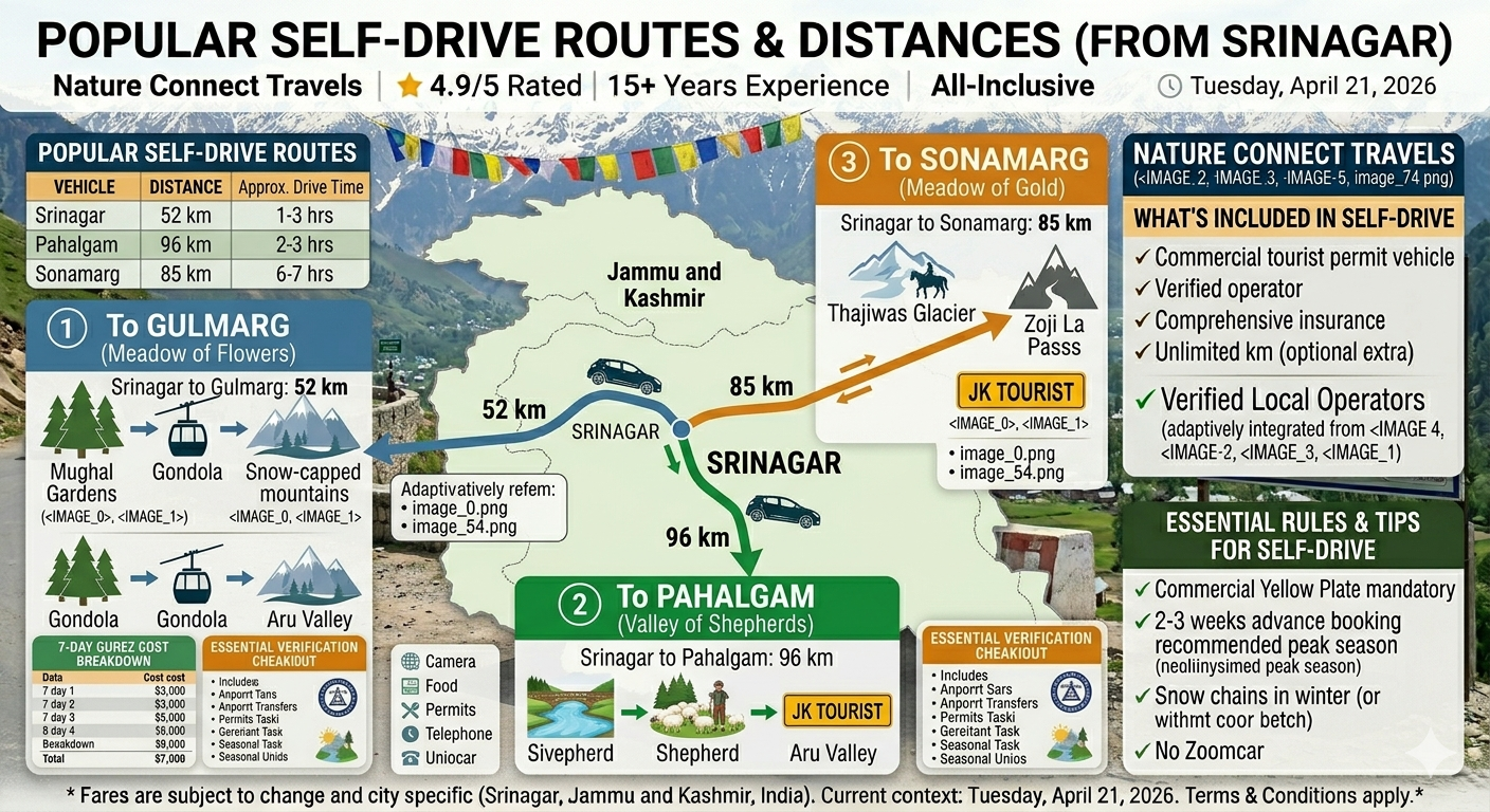 Car on rent in Srinagar route map - self drive routes to Gulmarg, Pahalgam, and Sonamarg with distances