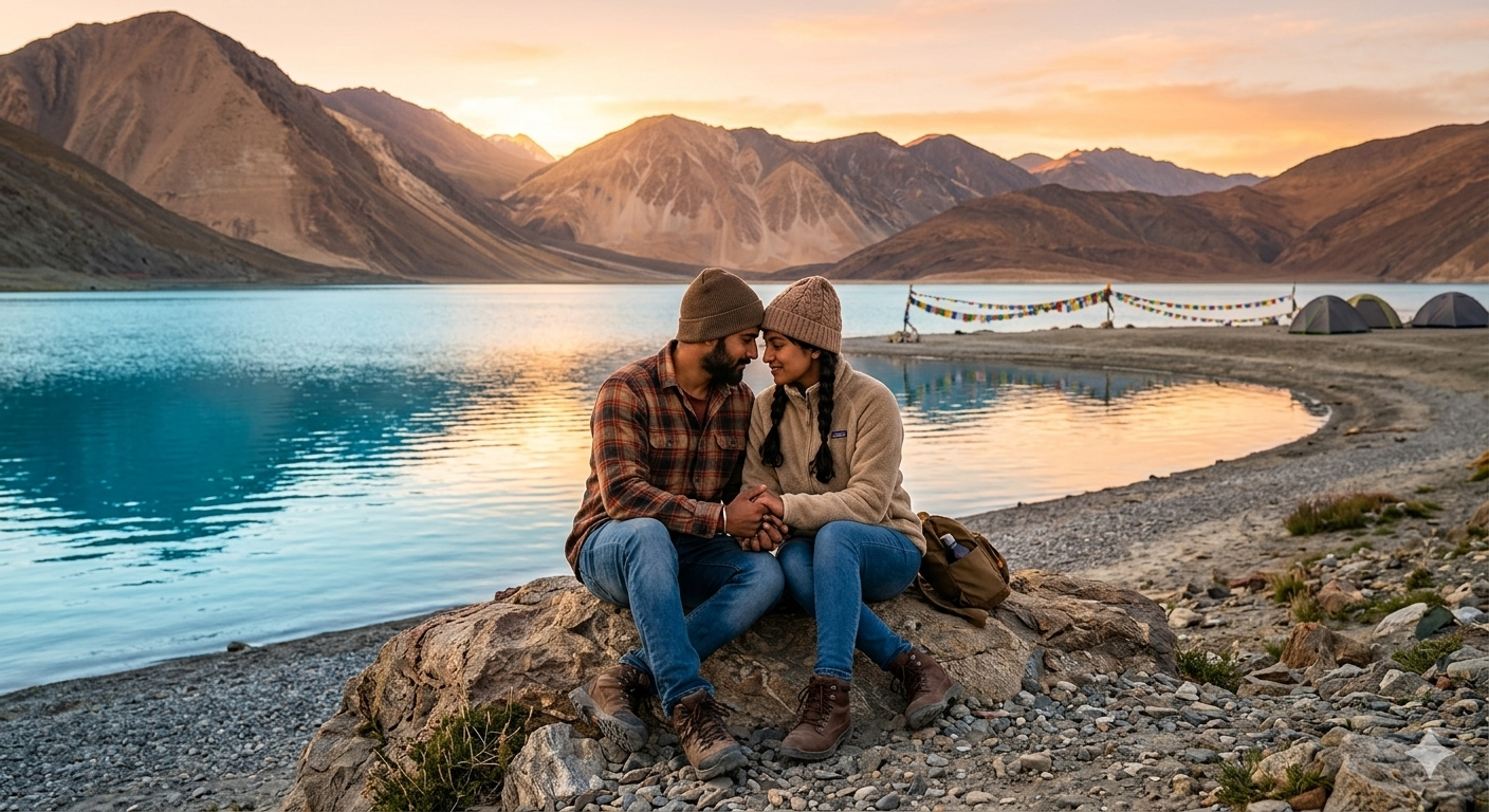 Cheapest Ladakh Tour Packages for Couple 2026 | @ ₹22,363 7 Cheapest Ladakh tour packages for couple 2026 - romantic couple at Pangong Lake sunset