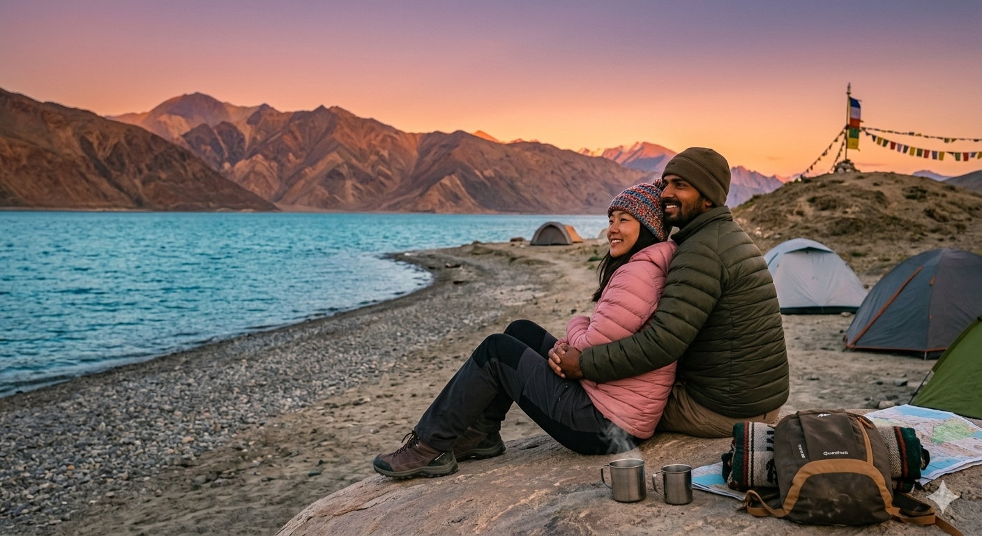 Cheapest Ladakh tour packages for couple 2026 - romantic couple at Pangong Lake sunset, private cab included, packages from ₹22,363 per person for 4-7 day tours including Leh, Nubra, Pangong