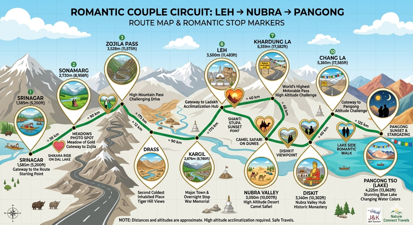 Cheapest Ladakh Tour Packages for Couple 2026 | @ ₹22,363 9 Cheapest Ladakh tour packages for couple - Leh to Nubra to Pangong romantic circuit map with couple-friendly stops