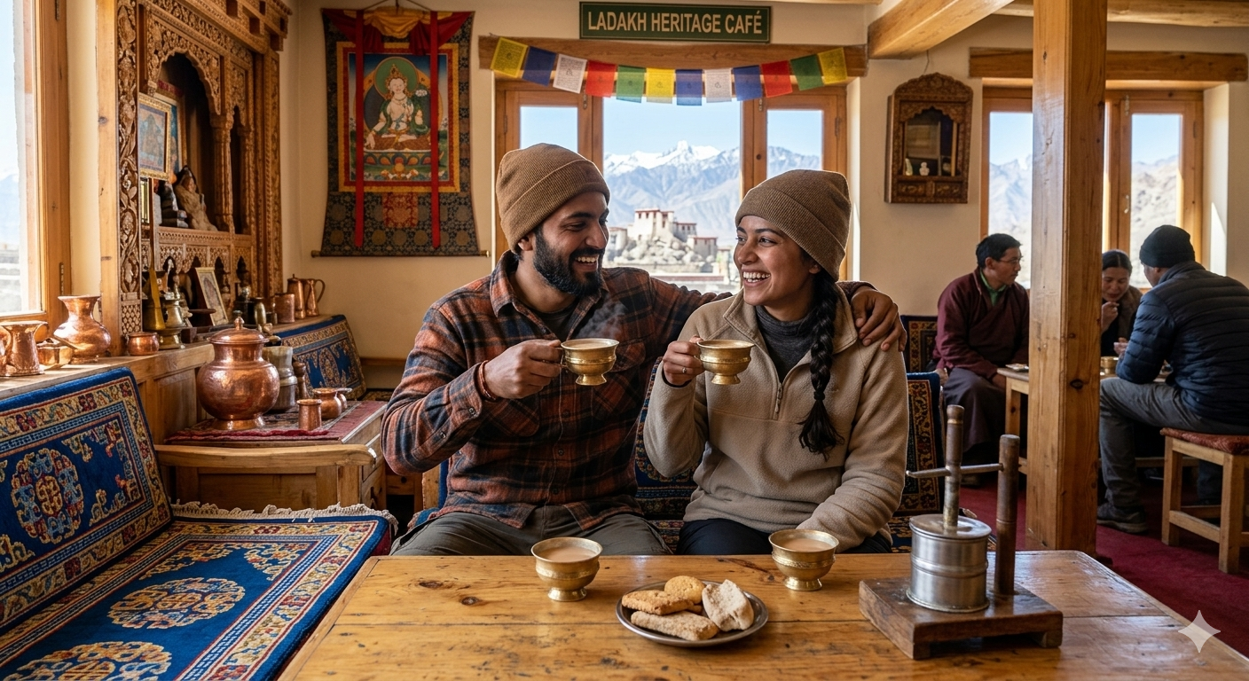 Cheapest Ladakh Tour Packages for Couple 2026 | @ ₹22,363 10 Cheapest Ladakh tour packages for couple - romantic couple enjoying local butter tea at Leh café