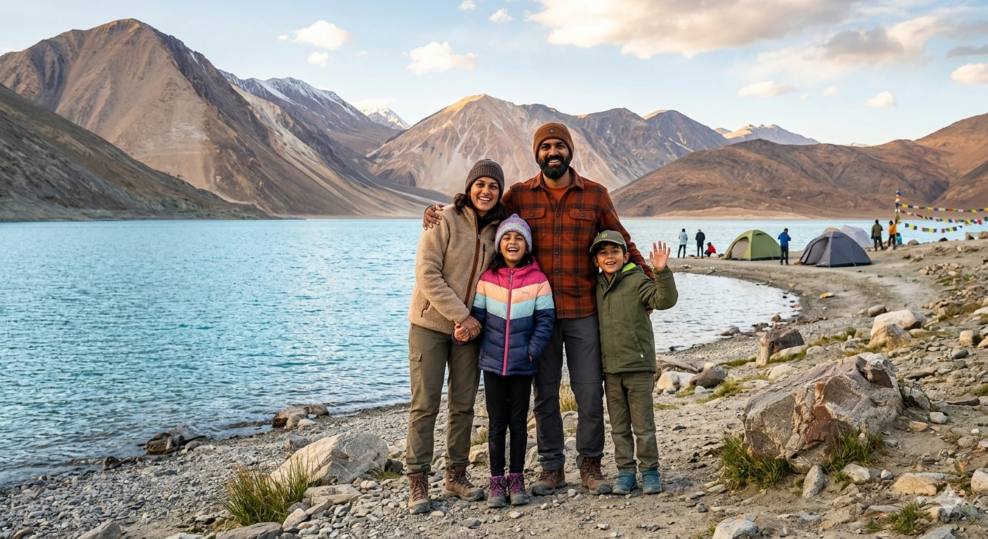 Cheapest Ladakh tour packages for family 2026 - happy family at Pangong Lake
