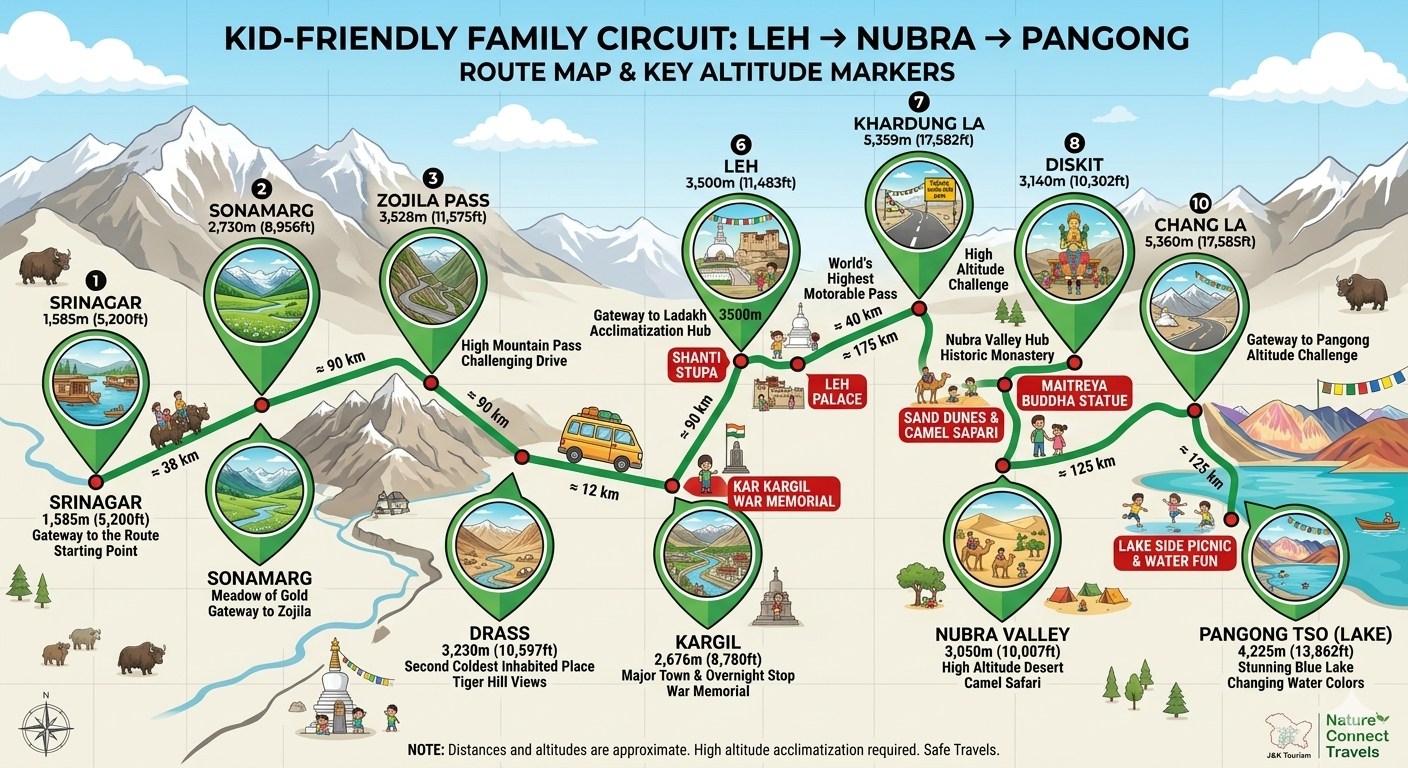 Cheapest Ladakh tour packages for family - Leh to Nubra to Pangong circuit map