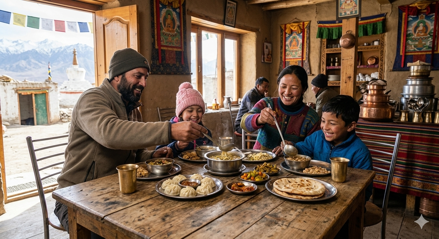 Cheapest Ladakh tour packages for family enjoying local food at dhaba