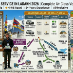 Fortuner cab service in Ladakh 2026 - white Toyota Fortuner 4x4 at Khardung La 18,380 ft with professional driver holding oxygen cylinder, A+ class rates ₹12,000-15,000 per day, multi-day packages available