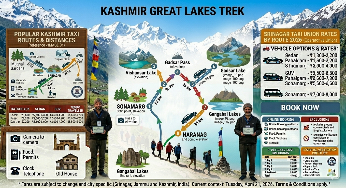 Kashmir Great Lakes Trek 2026 route map - Sonamarg to Naranag via Vishansar, Gadsar Pass, and Gangabal Lakes