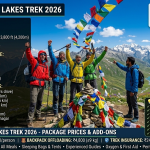Kashmir Great Lakes Trek 2026 - trekkers celebrating at Gadsar Pass 13,800 ft with prayer flags, Gadsar Lake below, Himalayan peaks, 8-day trek package ₹18,900-21,450, offloading ₹4,800, trek insurance ₹240