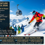 Kashmir adventure tour packages 2026 - skier carving at Apharwat Peak 3,980m with Gulmarg Gondola Phase 2, ski week packages ₹12,000-18,000, classic adventure ₹18,000-25,000, winter wonderland ₹9,000-14,000, complete adventure ₹25,000-35,000