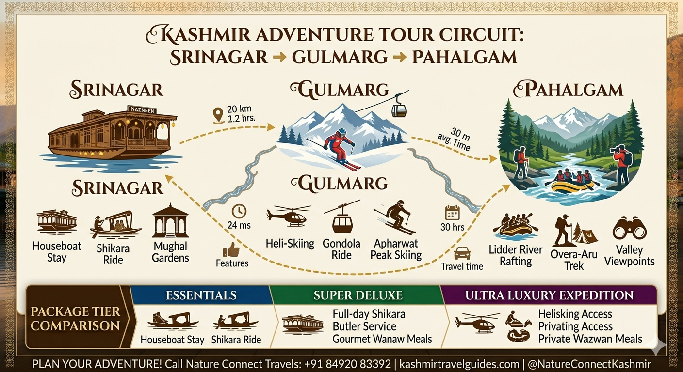 Kashmir adventure tour packages route map - Srinagar to Gulmarg to Pahalgam circuit with adventure activity markers]