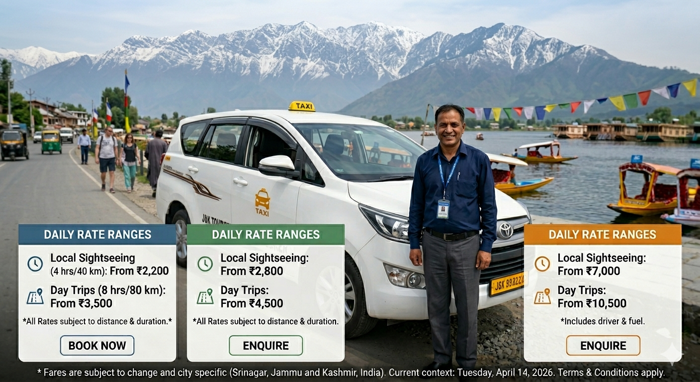Kashmir Cabs Booking 2026 | Online Taxi @ ₹18,00 | Book Now 7 Kashmir cabs booking 2026 - Innova taxi at Dal Lake Boulevard with verified J&K tourist permit driver