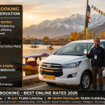 Kashmir cab booking 2026 - white Innova J&K tourist permit taxi at Dal Lake Boulevard with verified driver, online booking daily rates sedan ₹2,500-2,800, SUV ₹3,800-4,200, tempo traveller ₹9,000-13,000
