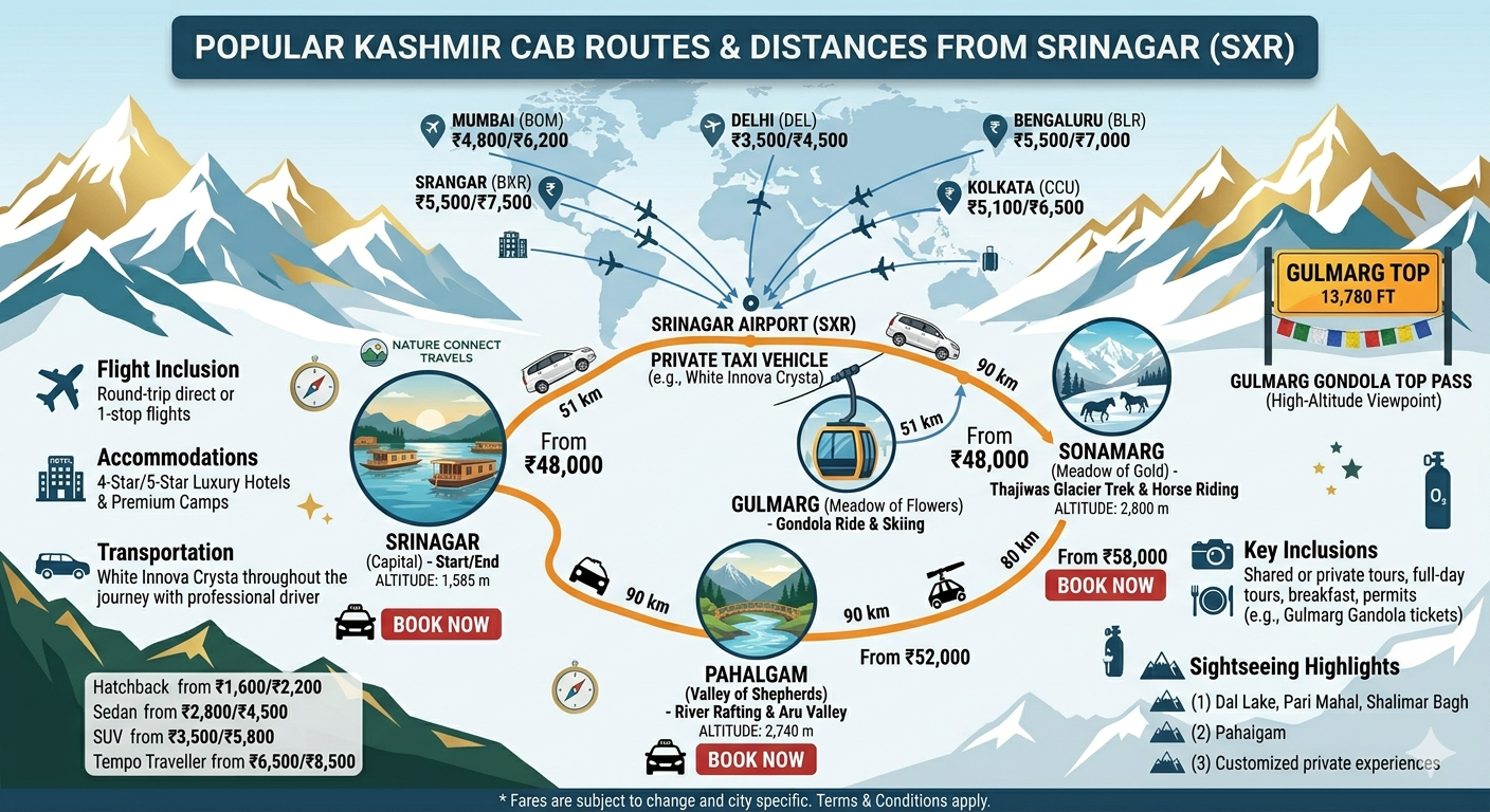 Kashmir Cabs Booking 2026 | Online Taxi @ ₹18,00 | Book Now 9 Kashmir cabs booking route map - Srinagar to Gulmarg, Pahalgam, and Sonamarg with distances