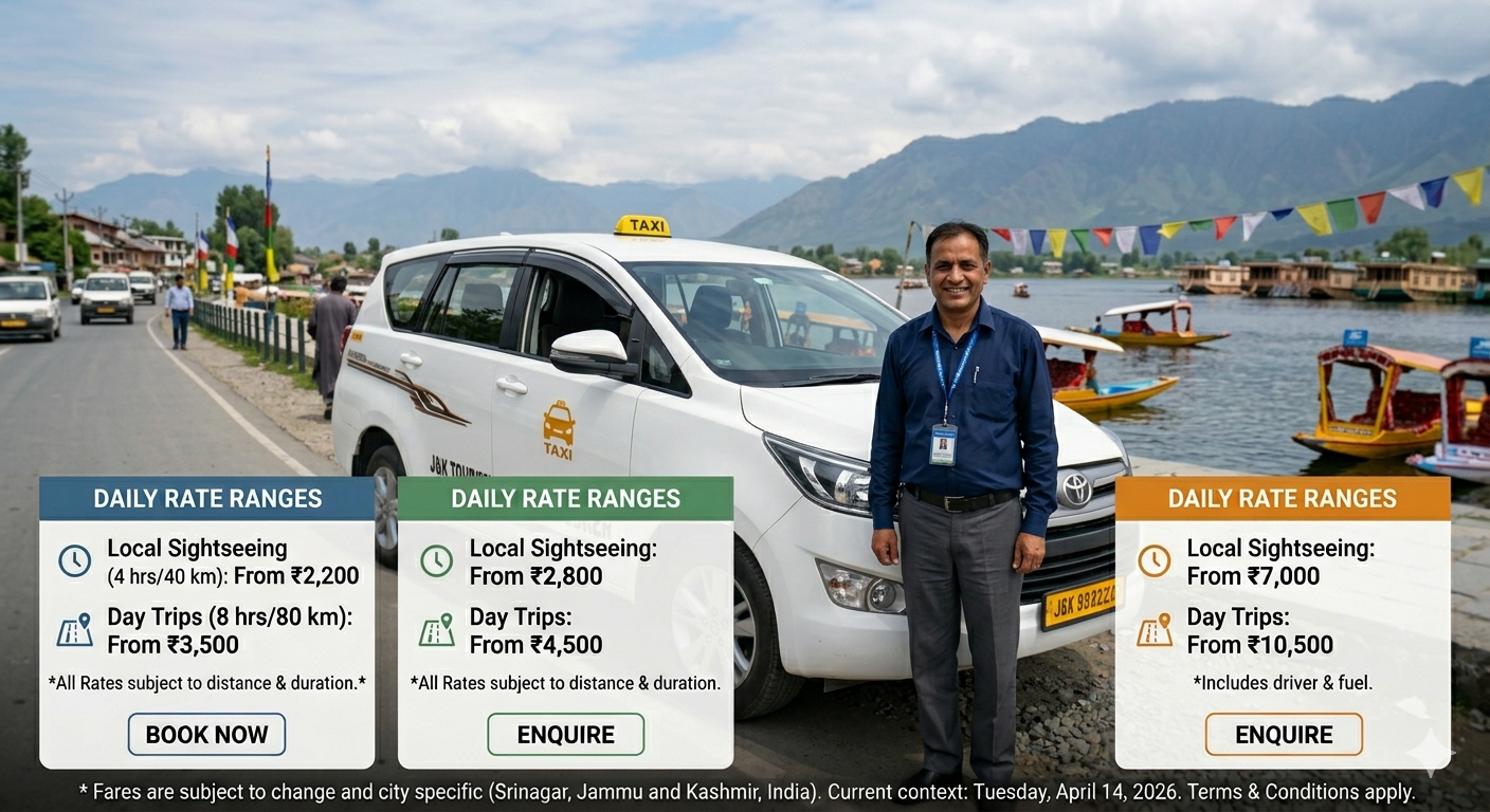 Kashmir taxi booking 2026 - Innova taxi at Dal Lake Boulevard with verified driver