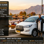 Kashmir taxi booking 2026 - white Innova taxi at Dal Lake Boulevard with verified Kashmiri driver, daily rates hatchback ₹2,200-2,800, sedan ₹2,500-3,500, SUV ₹3,800-5,500, tempo traveller ₹6,500-9,500