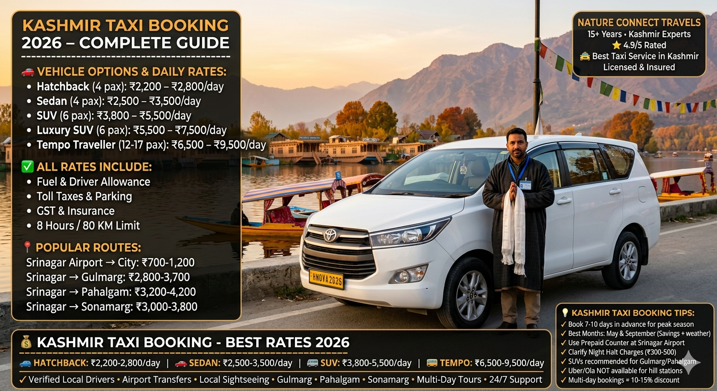 Kashmir taxi booking 2026 - white Innova taxi at Dal Lake Boulevard with verified Kashmiri driver, daily rates hatchback ₹2,200-2,800, sedan ₹2,500-3,500, SUV ₹3,800-5,500, tempo traveller ₹6,500-9,500
