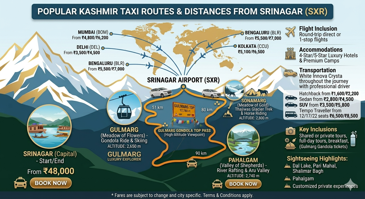 Kashmir taxi booking route map - Srinagar to Gulmarg, Pahalgam, and Sonamarg with distances