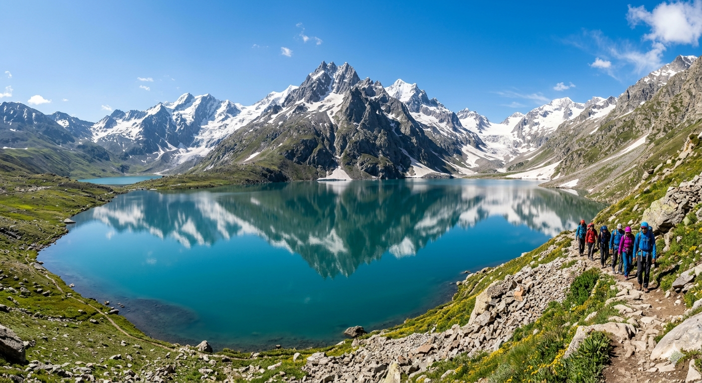 Kashmir trekking packages 2026 - Vishansar Lake on Kashmir Great Lakes trek with trekkers]