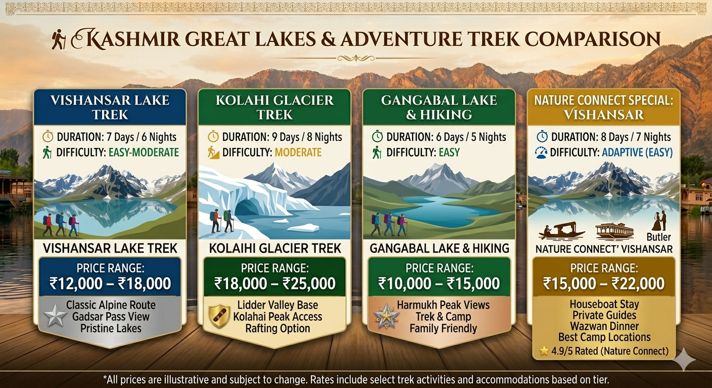Kashmir trekking packages 2026 - price comparison chart for Great Lakes, Tarsar Marsar, and Gangabal treks