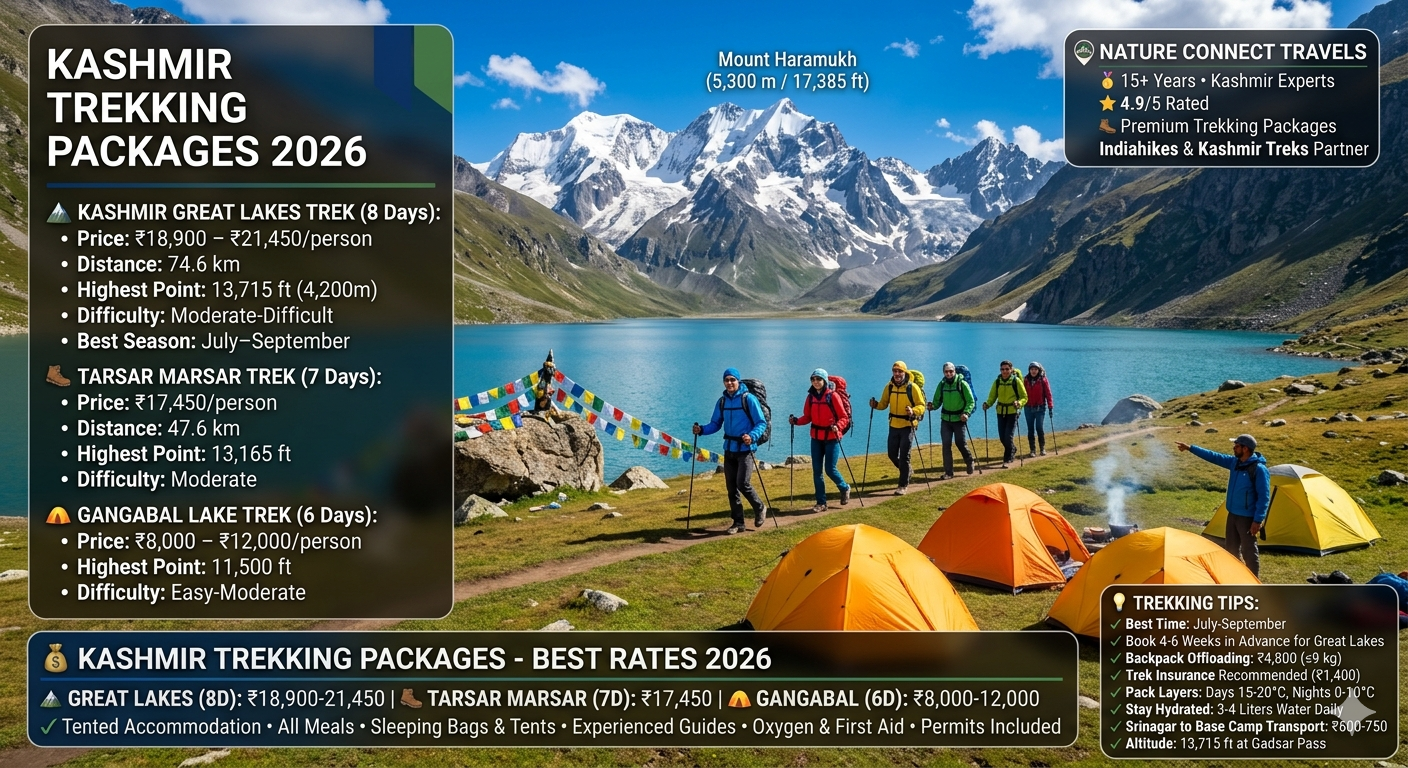 Kashmir trekking packages 2026 - trekkers at Vishansar Lake on Kashmir Great Lakes trek, camping tents, Great Lakes 8-day ₹18,900-21,450, Tarsar Marsar 7-day ₹17,450, Gangabal 6-day ₹8,000-12,000