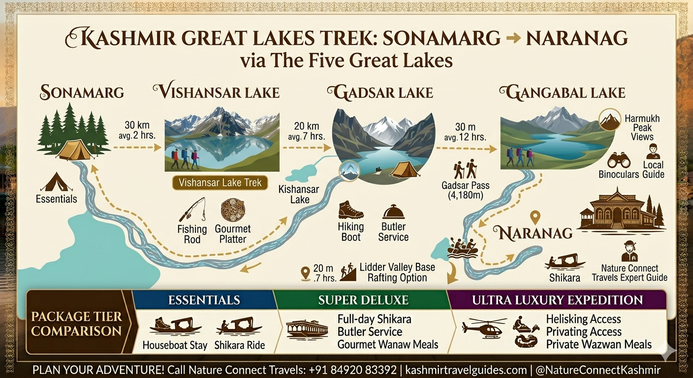 Kashmir trekking packages route map - Kashmir Great Lakes trek from Sonamarg to Naranag with lake markers