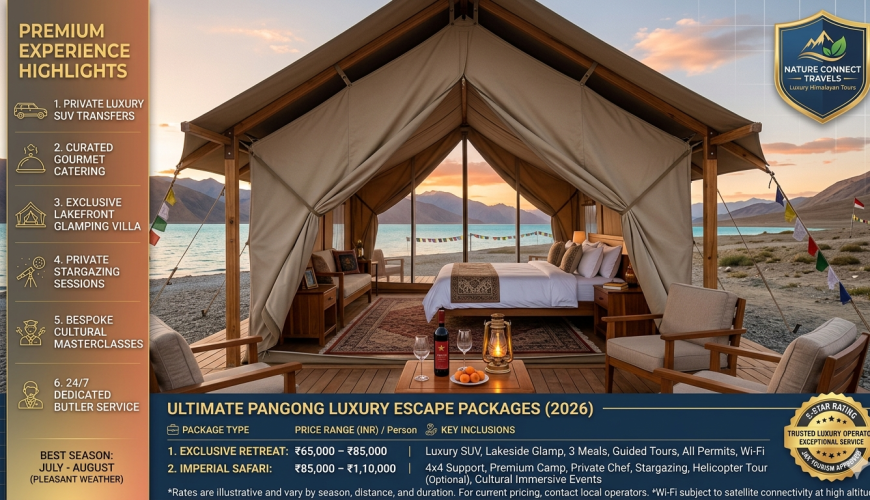 Ladakh luxury tour packages 2026 - premium camp at Pangong Tso lake with luxury tent interior, king bed, wine deck, heated SUV, prices ₹35,000-2,50,000 for 6-14 day tours