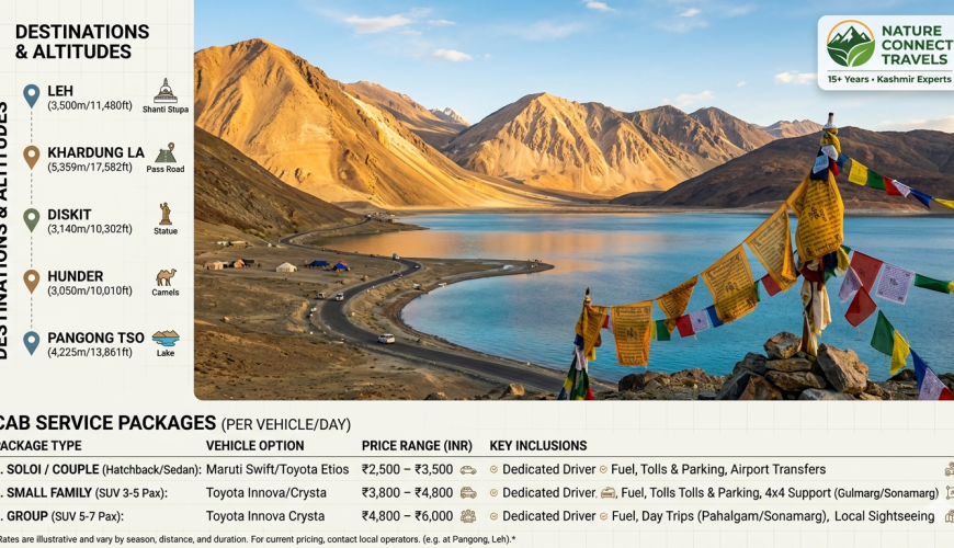 Ladakh tour packages 2026 - Pangong Tso lake with route map, prices ₹12,000-55,000, 6-11 day itineraries including Leh, Nubra Valley, Khardung La