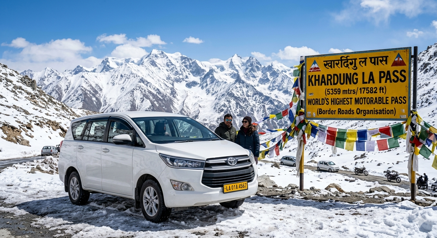 Leh Ladakh Taxi Service Booking 2026 | Best Rates @ ₹9,744 7 Leh Ladakh taxi service booking 2026 - Innova SUV at Khardung La pass with snow-capped mountains