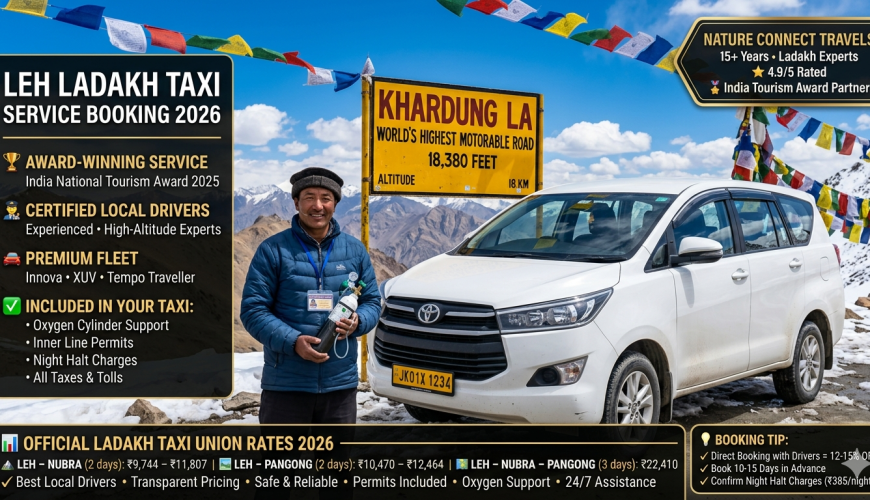 Leh Ladakh taxi service booking 2026 - award-winning Innova Crysta SUV and driver at Khardung La pass with official union rates ₹9,744-22,410 for Nubra, Pangong tours