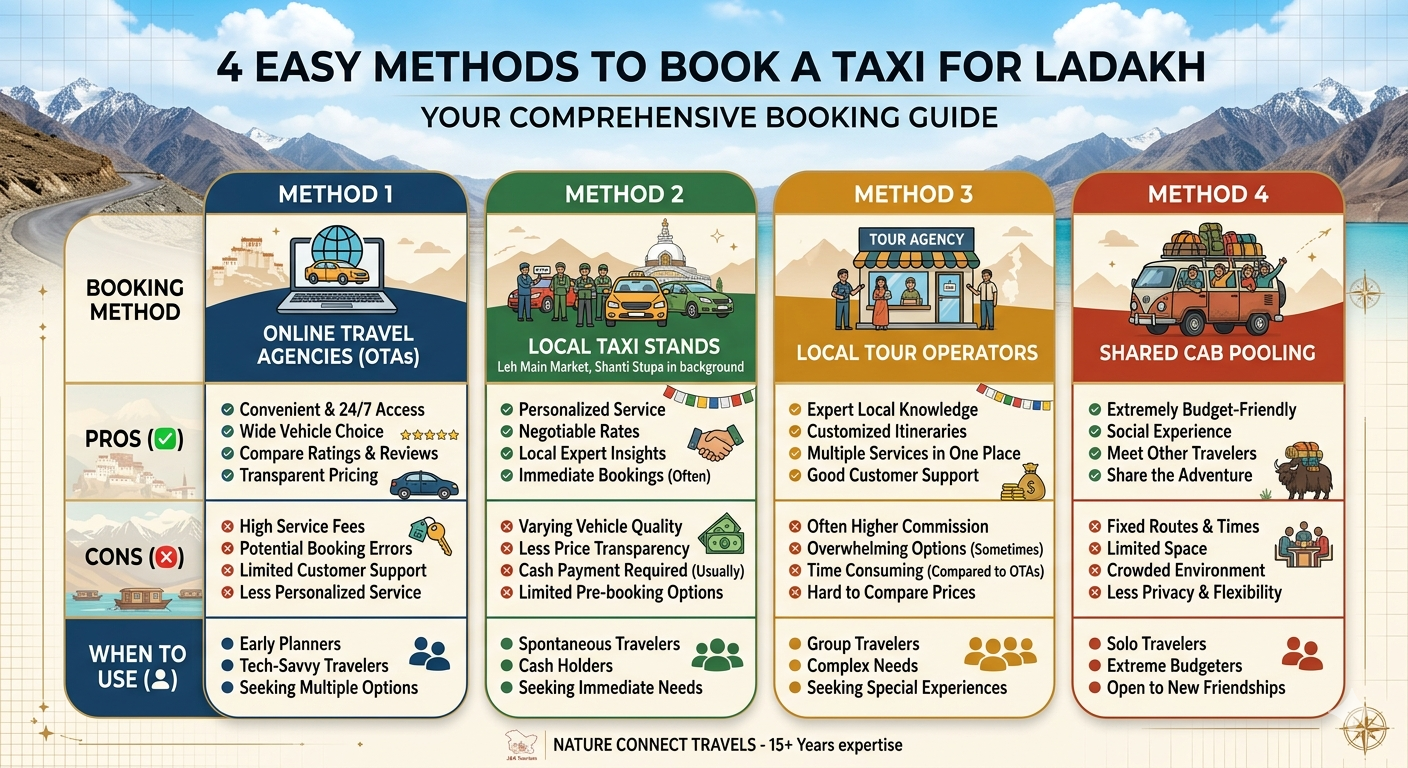 Leh Ladakh Taxi Service Booking 2026 | Best Rates @ ₹9,744 9 Leh Ladakh taxi service booking guide - four booking methods compared with tips