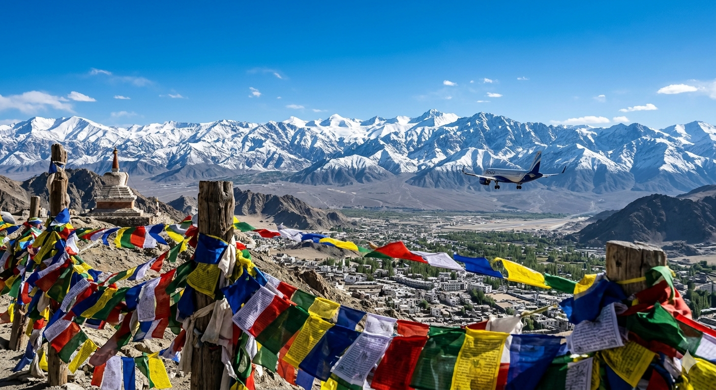 Leh Ladakh Tour Package with Flight 2026 | 7 Days @ ₹42,999 7 Leh Ladakh tour package with flight 2026 - aircraft approaching Leh airport over Himalayan mountains