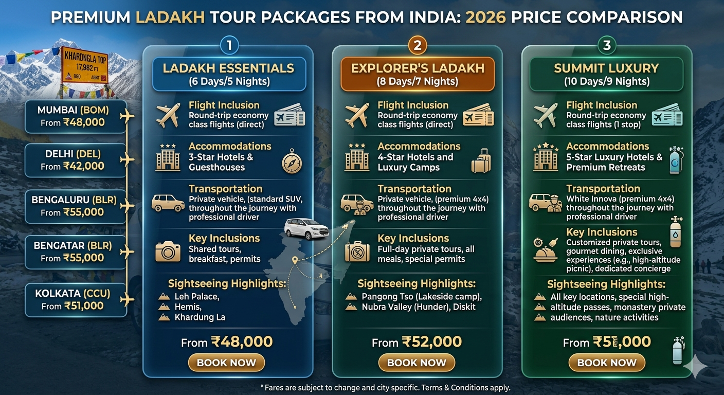 Leh Ladakh Tour Package with Flight 2026 | 7 Days @ ₹42,999 8 Leh Ladakh tour package with flight 2026 - price comparison from Delhi, Mumbai, Bangalore, Chennai, Kolkata