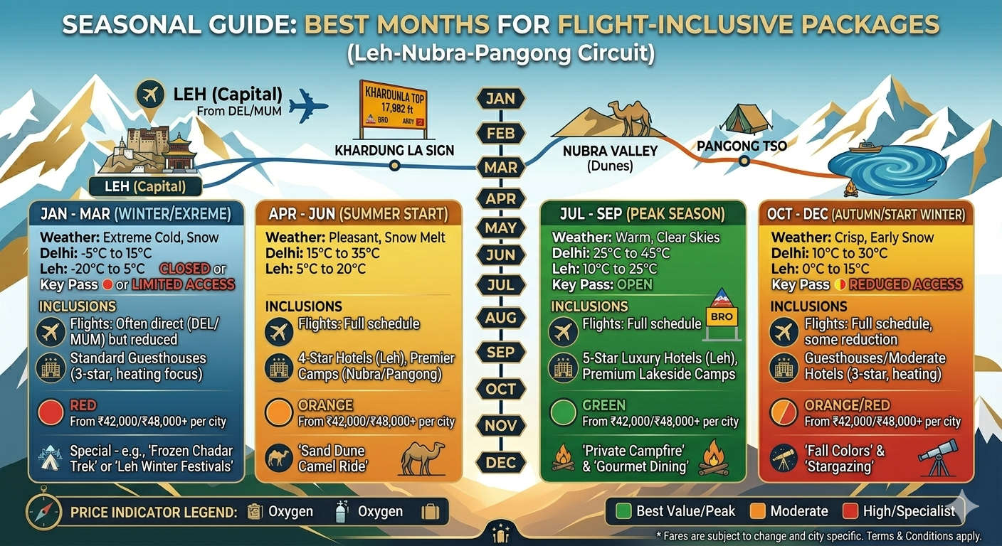 Leh Ladakh Tour Package with Flight 2026 | 7 Days @ ₹42,999 10 Leh Ladakh tour package with flight - best time guide with seasonal weather and flight prices