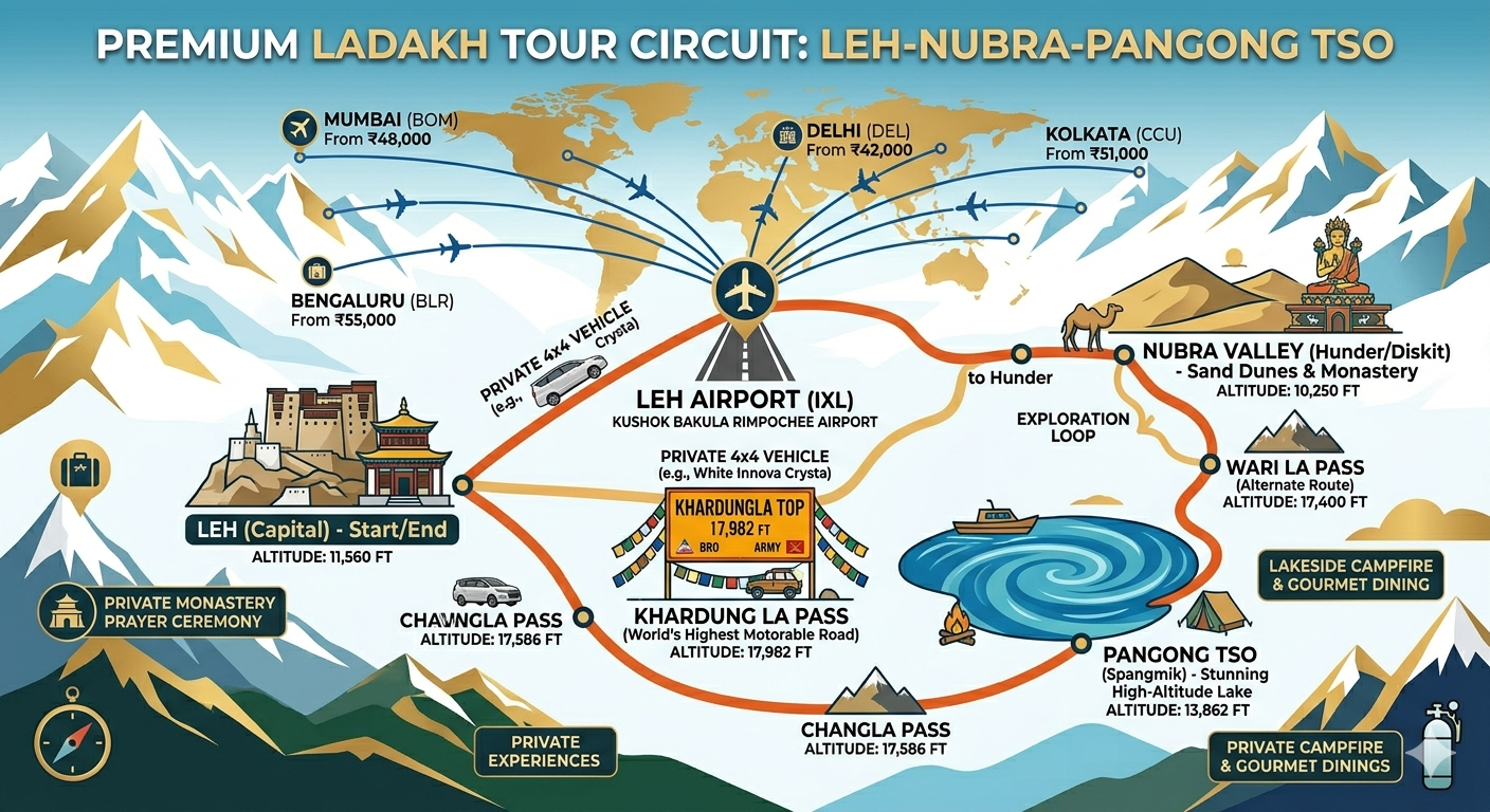 Leh Ladakh Tour Package with Flight 2026 | 7 Days @ ₹42,999 9 Leh Ladakh tour package with flight - complete route map with flight connections and road circuit
