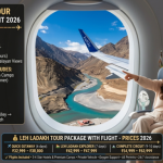 Leh Ladakh tour package with flight 2026 - happy couple on aircraft descending into Leh airport with mountain views, all-inclusive packages from ₹32,999-63,999 for 6-10 day tours from Delhi, Mumbai, Bangalore, Chennai, Kolkata