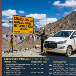 Leh Ladakh tour packages 2026 - Khardung La pass at 18,380 feet with white Innova SUV, prices ₹12,000-55,000 for 6-11 day tours including Nubra Valley and Pangong Tso