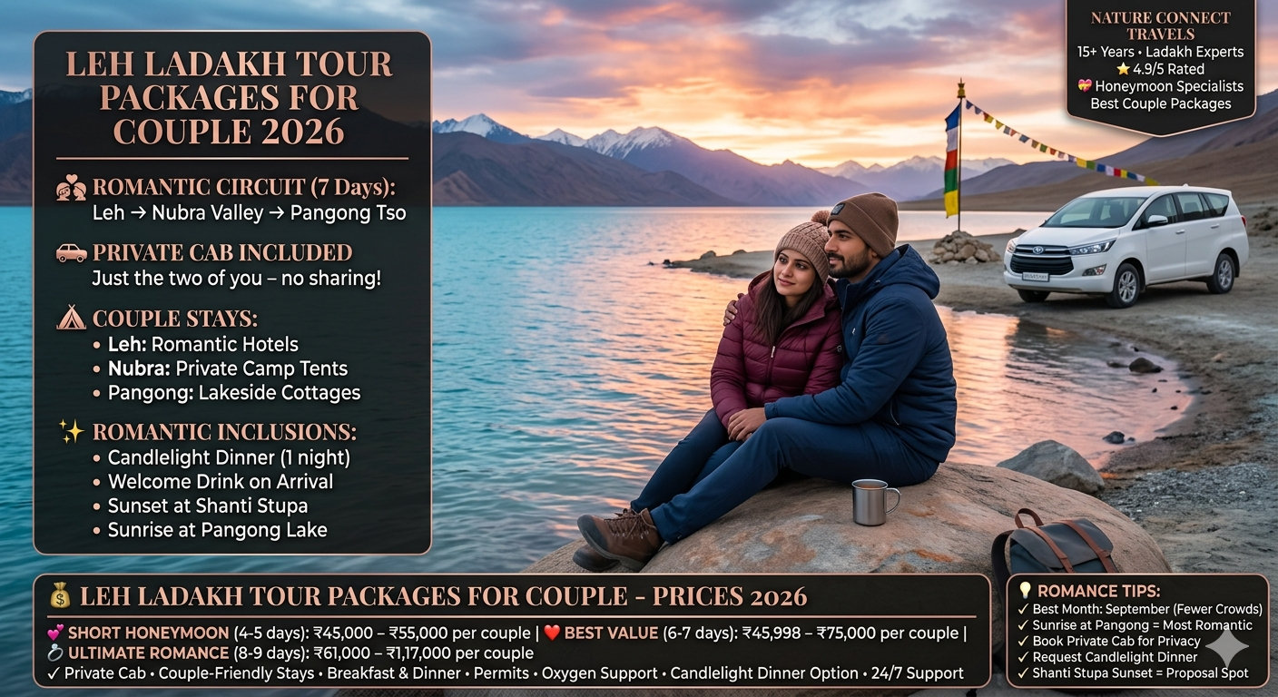 Leh Ladakh tour packages for couple 2026 - romantic couple at Pangong Lake sunset, private cab included, packages ₹45,000-1,17,000 per couple for 4-9 day tours including Leh, Nubra, Pangong