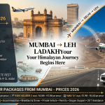 Leh Ladakh tour packages from Mumbai 2026 - journey from Mumbai Gateway of India to Leh airport with flight route, packages ₹15,990-55,000, flight-inclusive options available
