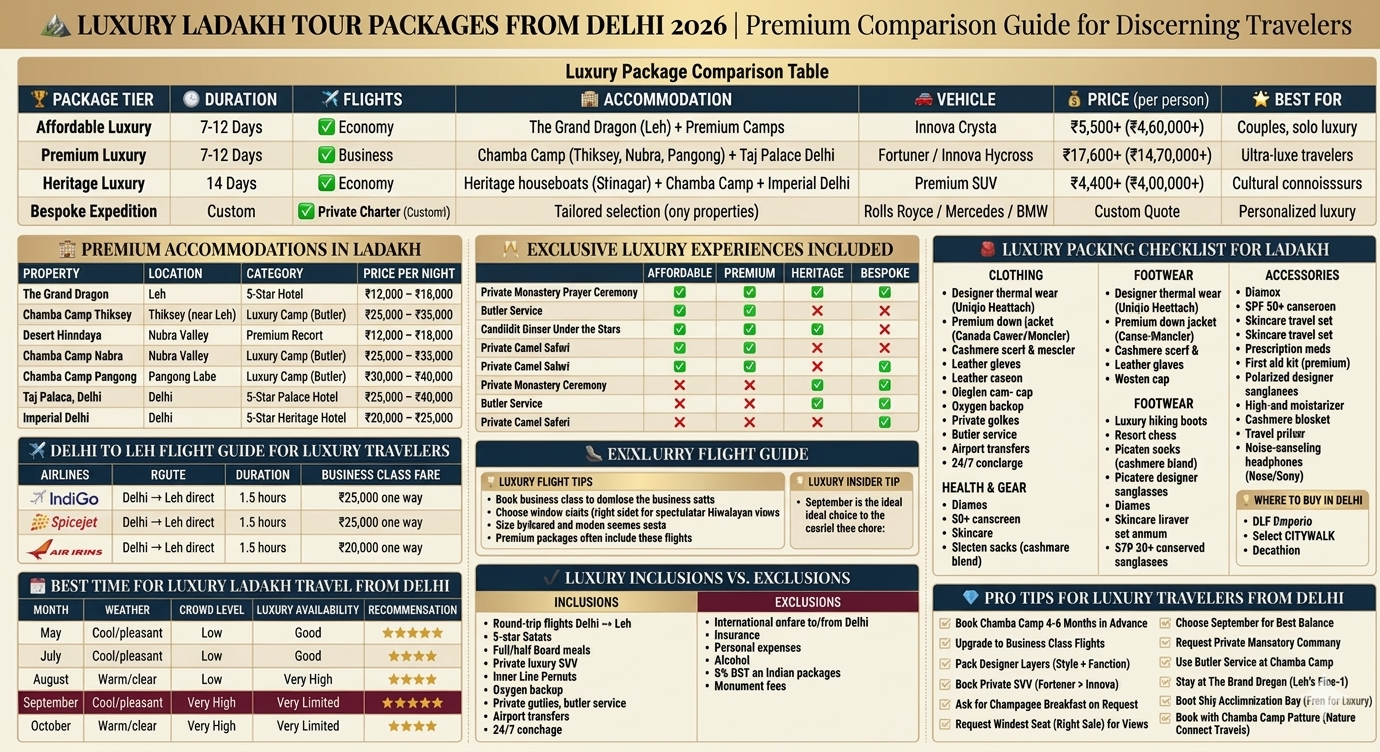 Luxury Ladakh tour packages from Delhi 2026 comparison