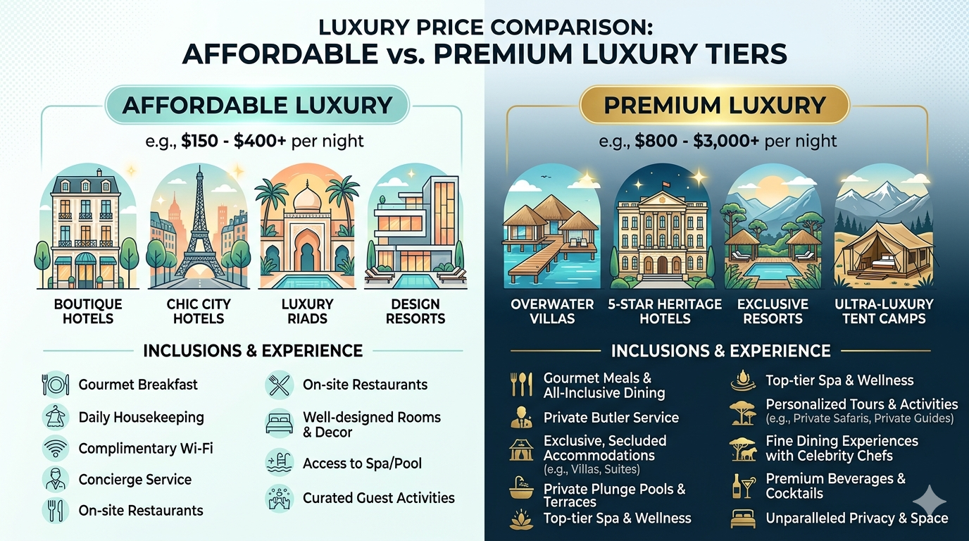 Luxury Ladakh tour packages from Delhi 2026 - price comparison chart with affordable and premium luxury tiers