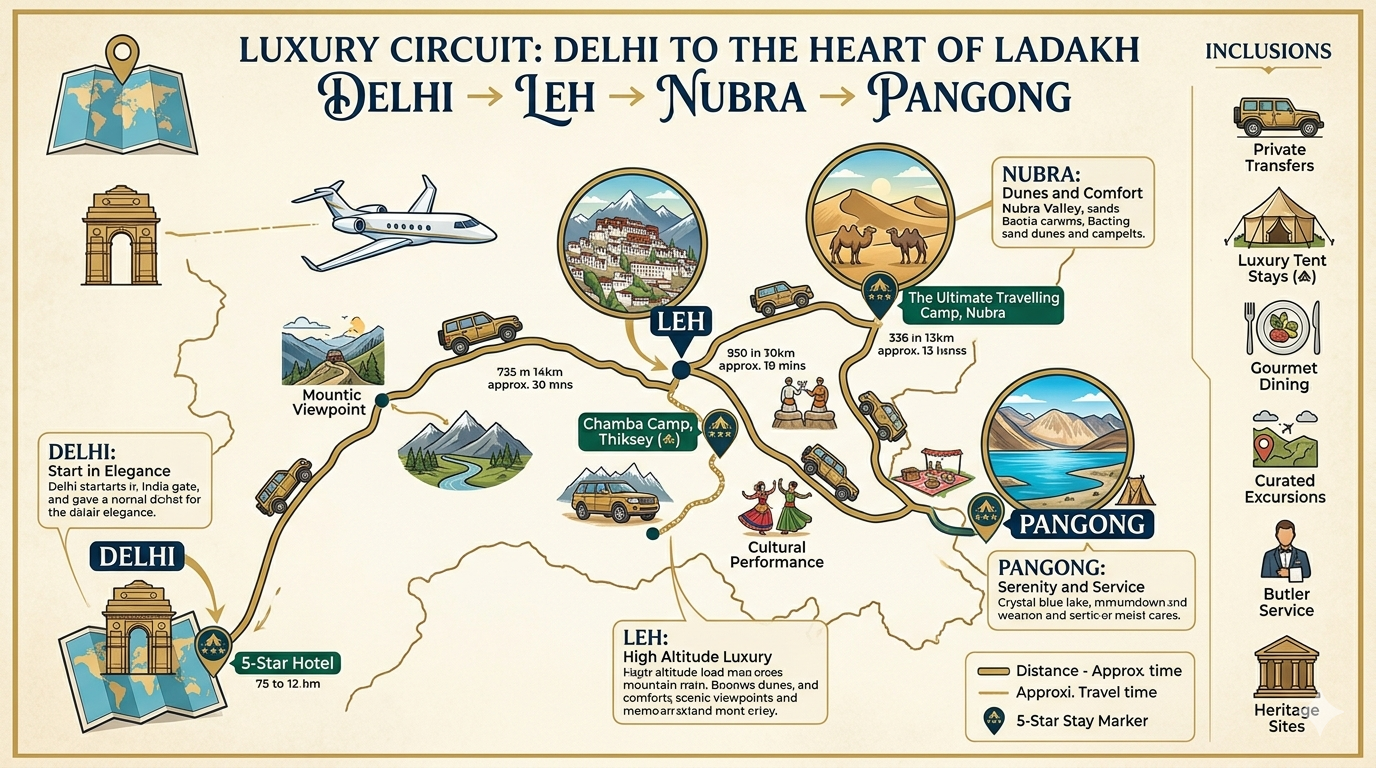 Luxury Ladakh tour packages from Delhi - premium circuit map with 5-star accommodation markers