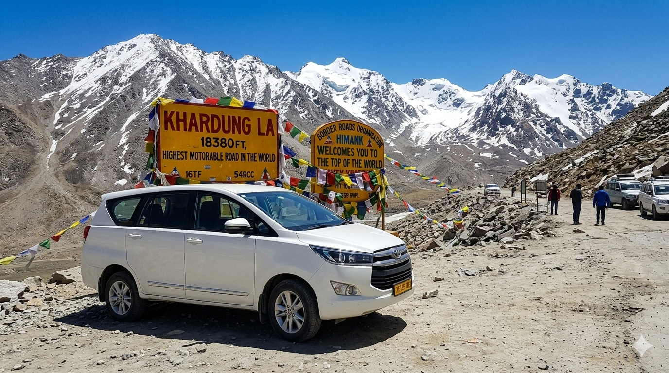 Luxury Ladakh tour packages from Mumbai 2026 - premium SUV at Khardung La pass