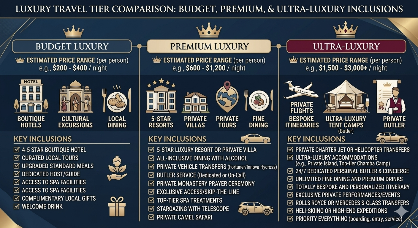 Luxury Ladakh tour packages from Mumbai 2026 - price comparison chart with budget, premium, and ultra-luxury tiers