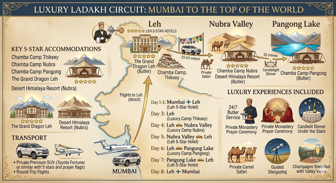 Luxury Ladakh tour packages from Mumbai - premium circuit map with 5-star accommodation markers