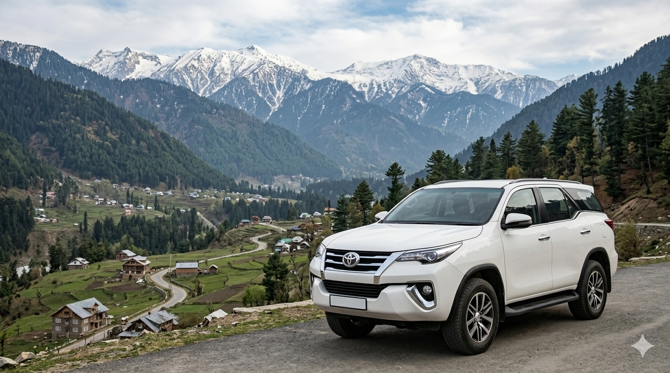 Luxury car rental in Kashmir 2026 - premium white SUV on scenic Kashmir mountain road