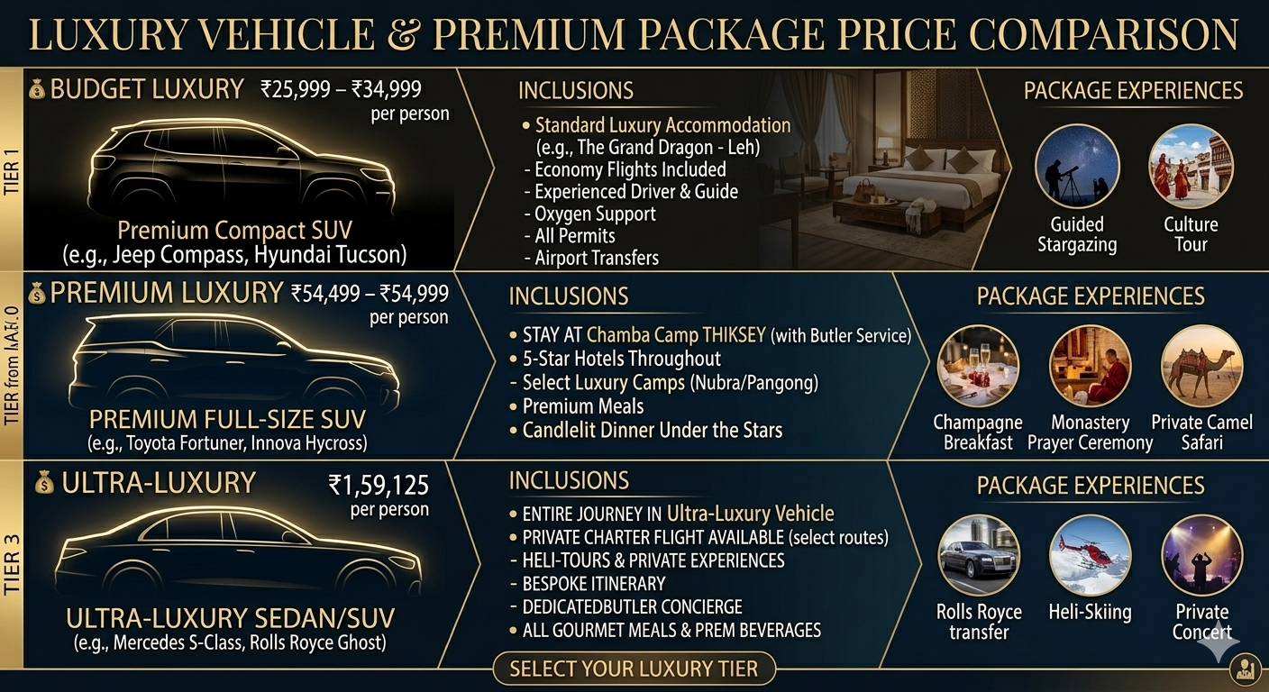 Luxury car rental in Kashmir 2026 - price comparison chart for Innova Crysta, Fortuner, and luxury tempo traveller